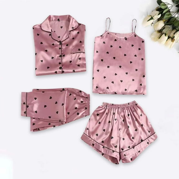 Jinhomg Womens Cute Pajamas Sets 4 Piece Plus Size Thin Sleepwear Casual Heart Print Button Down Shirt with Cami Tank Tops, Shorts,Long Pants Pink XXL