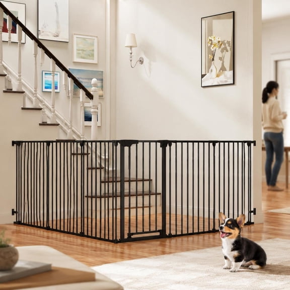 Extra Wide Baby Gate, 6-Panel Adjustable Pet Safety Fence, Metal Frame, Black