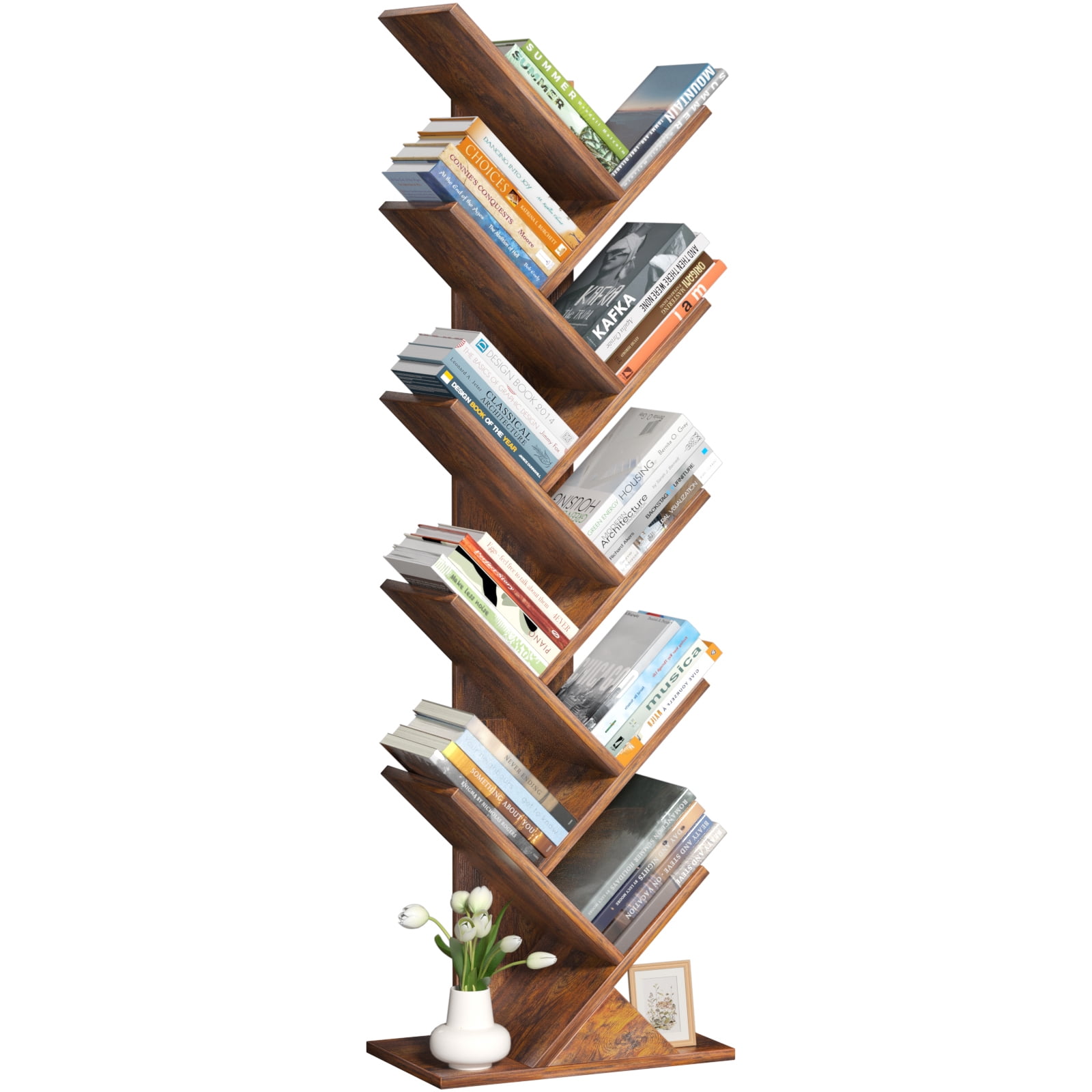 LELELINKY 10-tier Tree Bookshelf, Free-standing Storage Bookcase, Tall Bookshelf, Shelves for Living Room, Home Office, Bedroom, Balcony - Brown