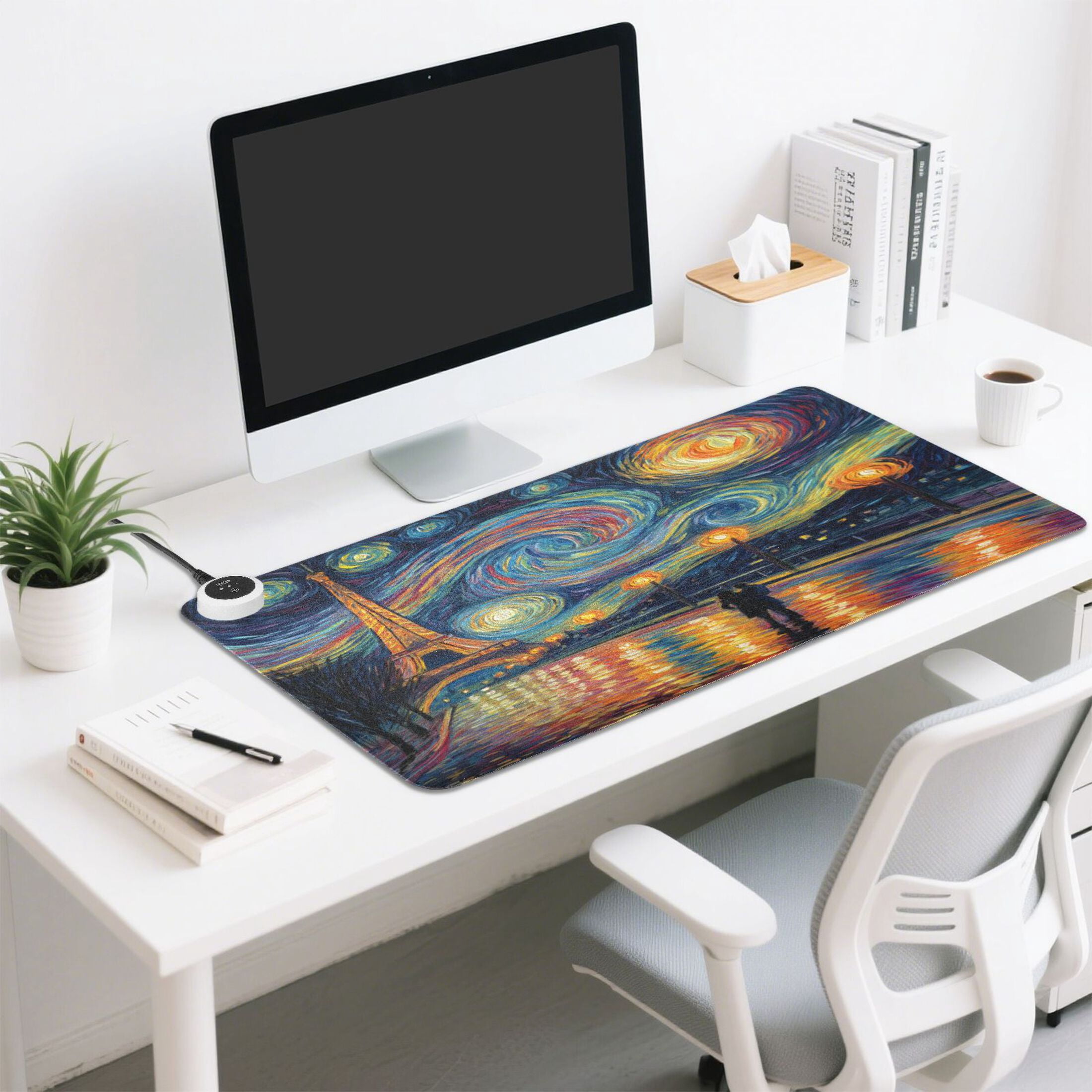 Large Heated Desk Mat Mouse Pad 31.5"x13"PU Leather Graphene Heating Desk Warmer with 3 Temperature Settings 110V US Plug Non-Slip Warm Pad for Home, Office, and Gaming Eiffel Tower under The Stars