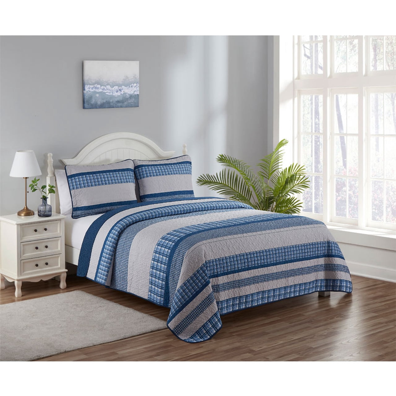 Legacy Decor 3 Pcs Quilt Reversible Bedspread Coverlet Blue & White Patchwork Design Ultra Soft Microfiber Oversized Queen 100"W x 106"L, All Ages.