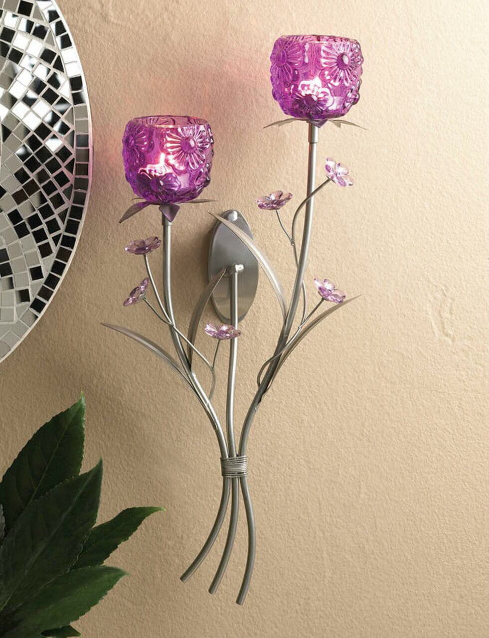Magenta Flower Three Candle Wall Sconce 