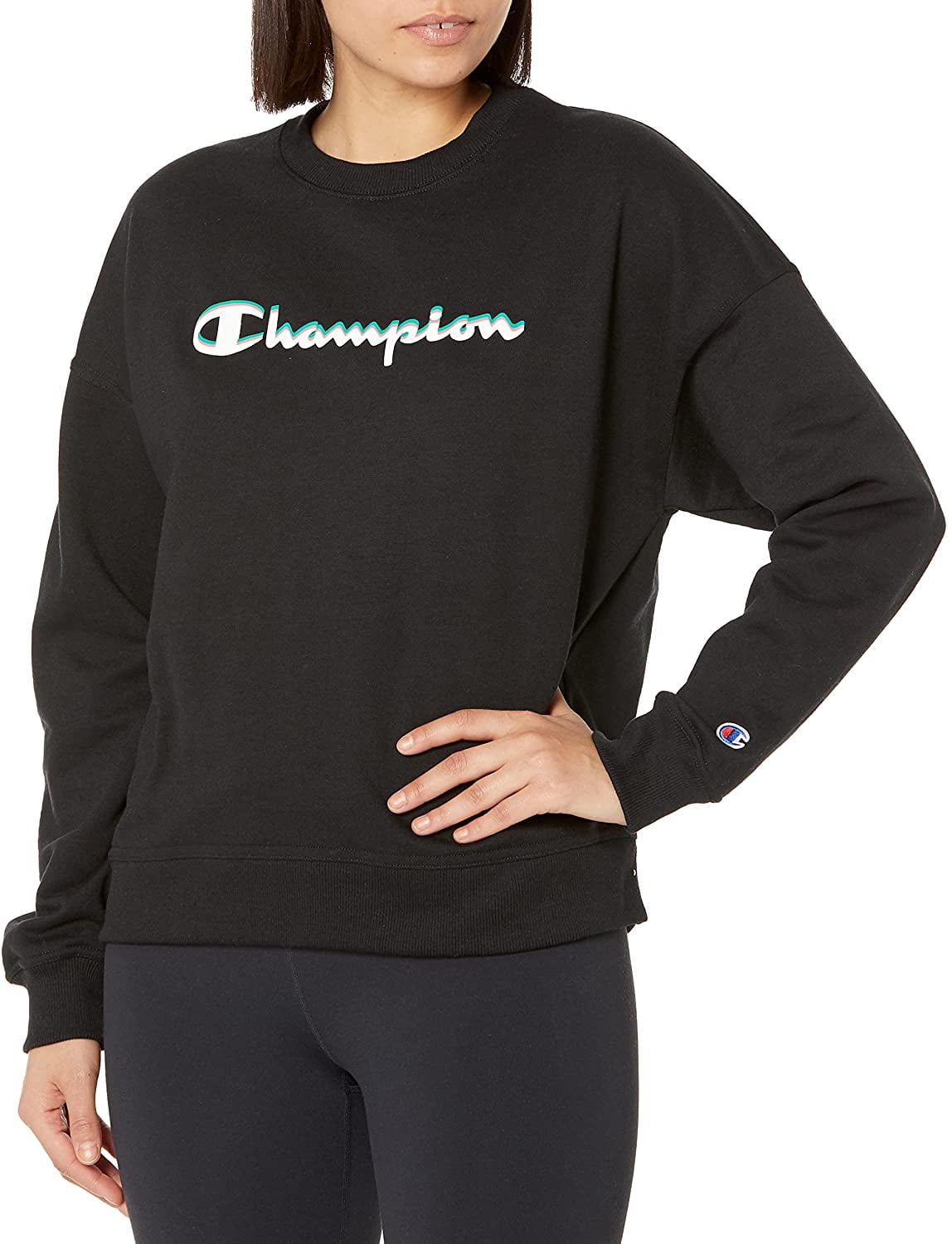 Champion Womens Powerblend Relaxed Crew, Script Outline Large Black