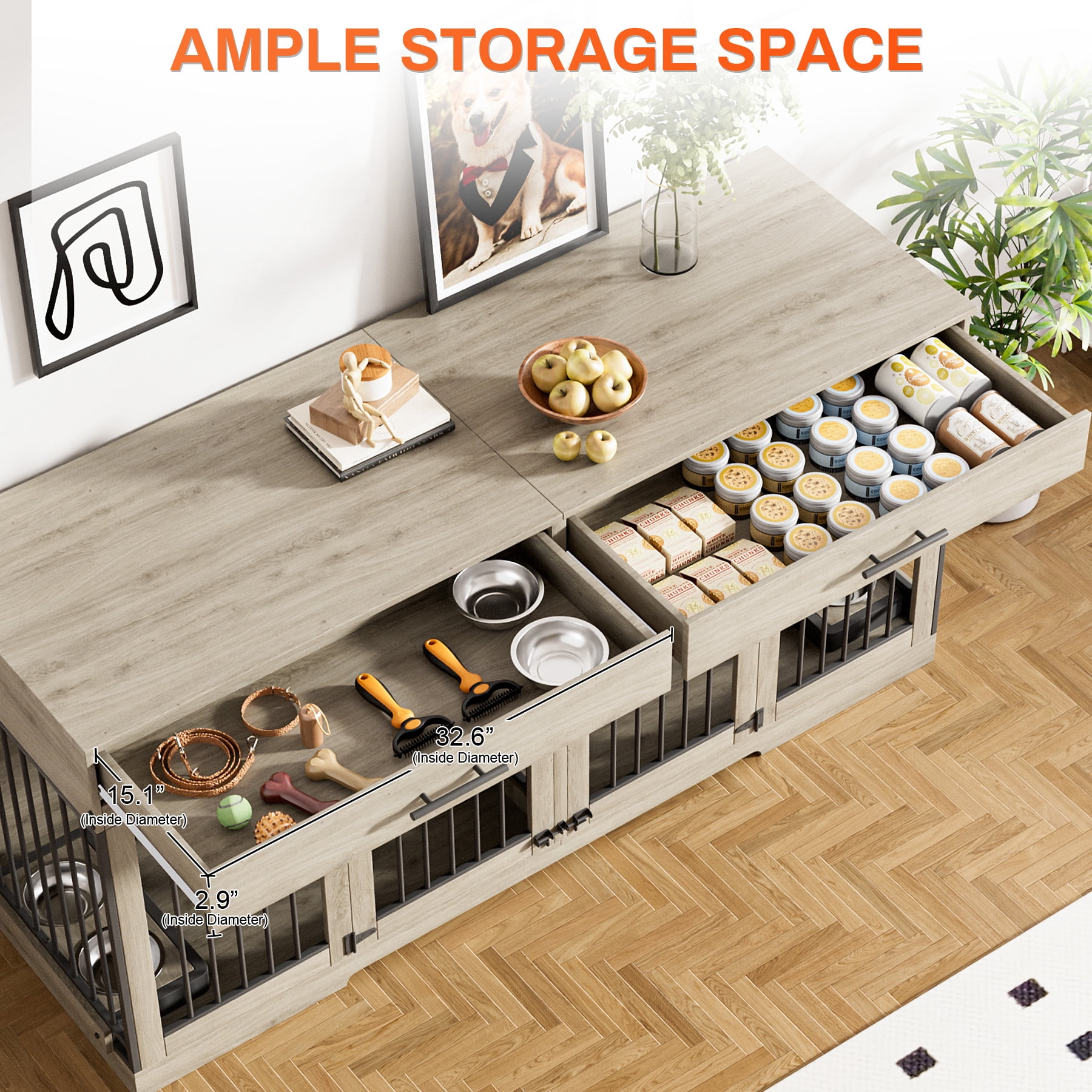 Rophefx 72" Dog Crate Furniture for 2 Dogs,Large Kennel with 2 Drawers and 4 Bowls,Wooden Heavy Duty Indoor Dog House,Grey