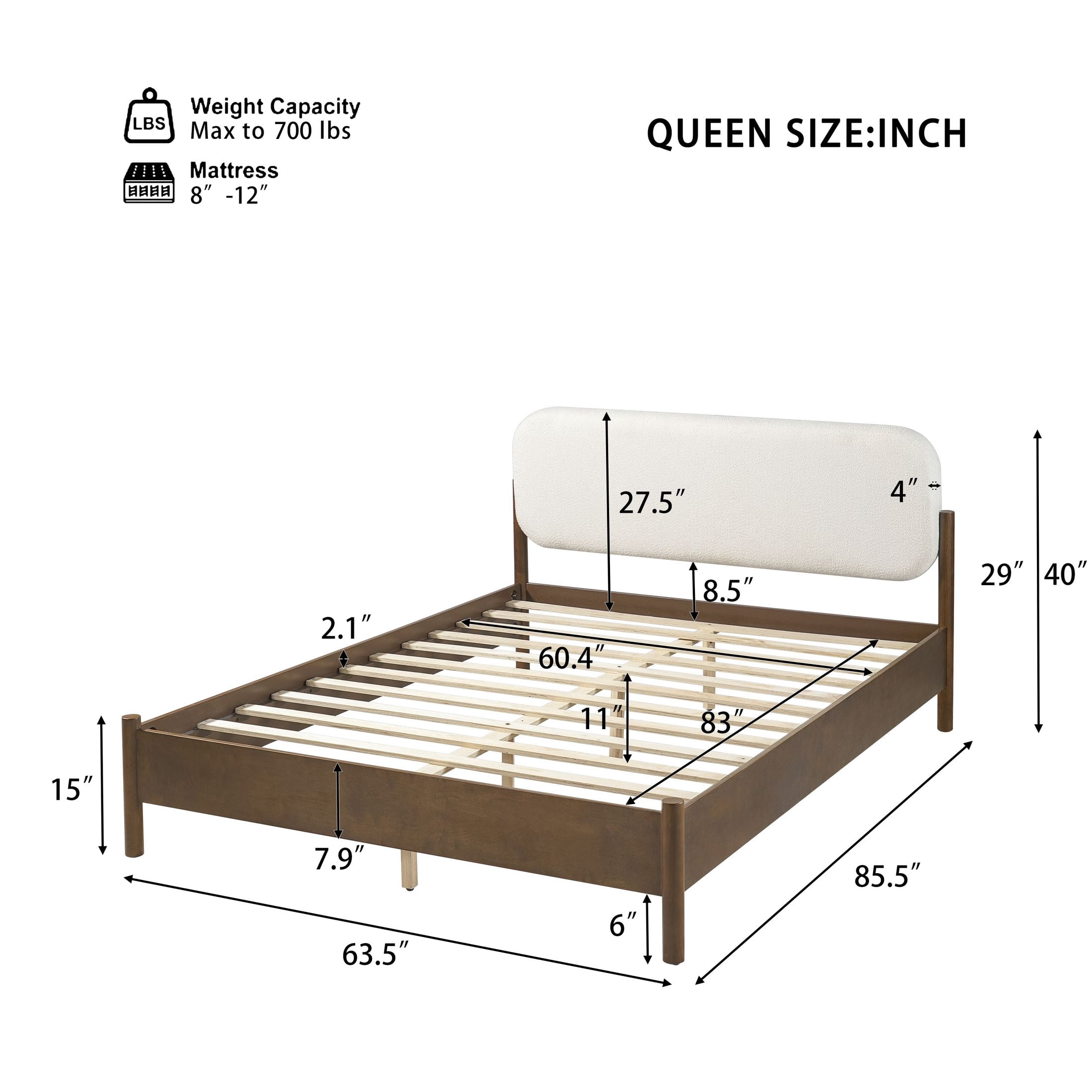 Christopher Knight Home Modern Queen Platform Bed Frame, Thick Rounded Upholstered Headboard, Walnut