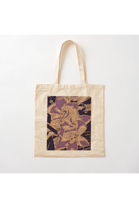 Batik Style Floral In Purple, Tan And Black Canvas Tote Bags, Reusable Shopping Bag