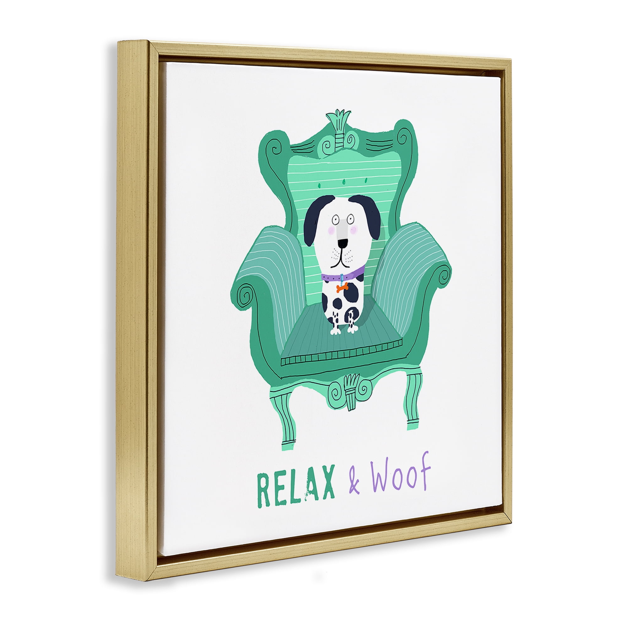 Stupell Industries Relax & Woof Cat Furniture Painting Gold Floater Framed Canvas Art Print Wall Art, 25 x 25