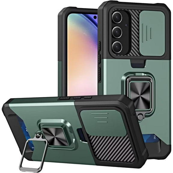Case for Galaxy A16 5G,Military Grade TPU PC [Built-in Magnetic Kickstand] Dual-Layer Design Card Slot Heavy Duty Shockproof Protection Phone Case for Samsung Galaxy A16 4G/5G (Dark Green)