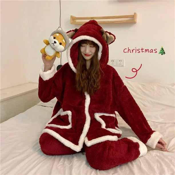 Conjunto de pijamas con capucha de Reno rojo para mujer ropa de dormir calida y esponjosa pijama Kawaii lindo ropa de dormir de invierno navidad Walmart en linea