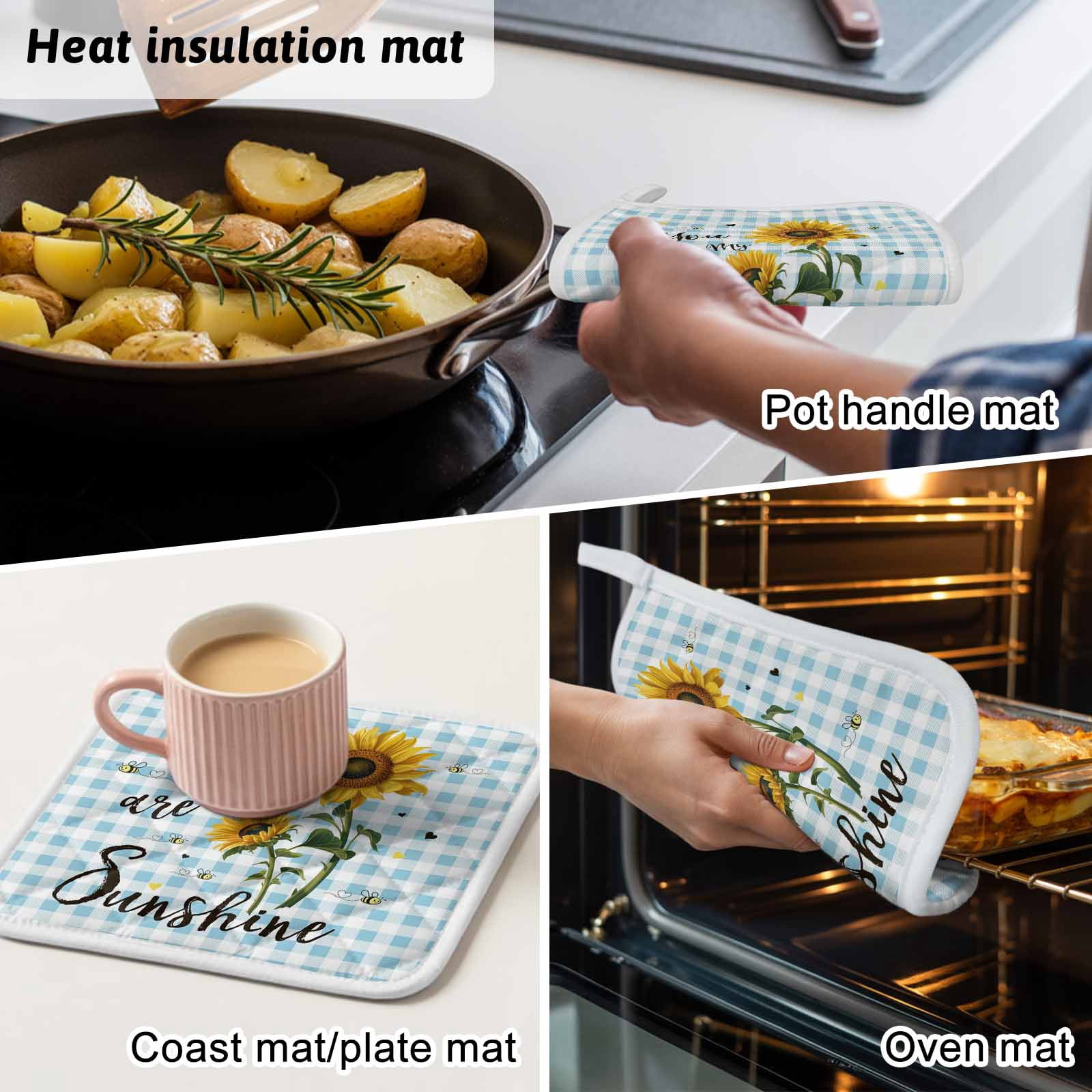 Sunflower Pot Holders for Kitchen Heatproof Potholder, 4 Pack Blue Plaid Farmhouse You Are My Sunshine Hot Pads Multipurpose Oven Pads Cloth Potholders Trivet for Cooking and Baking