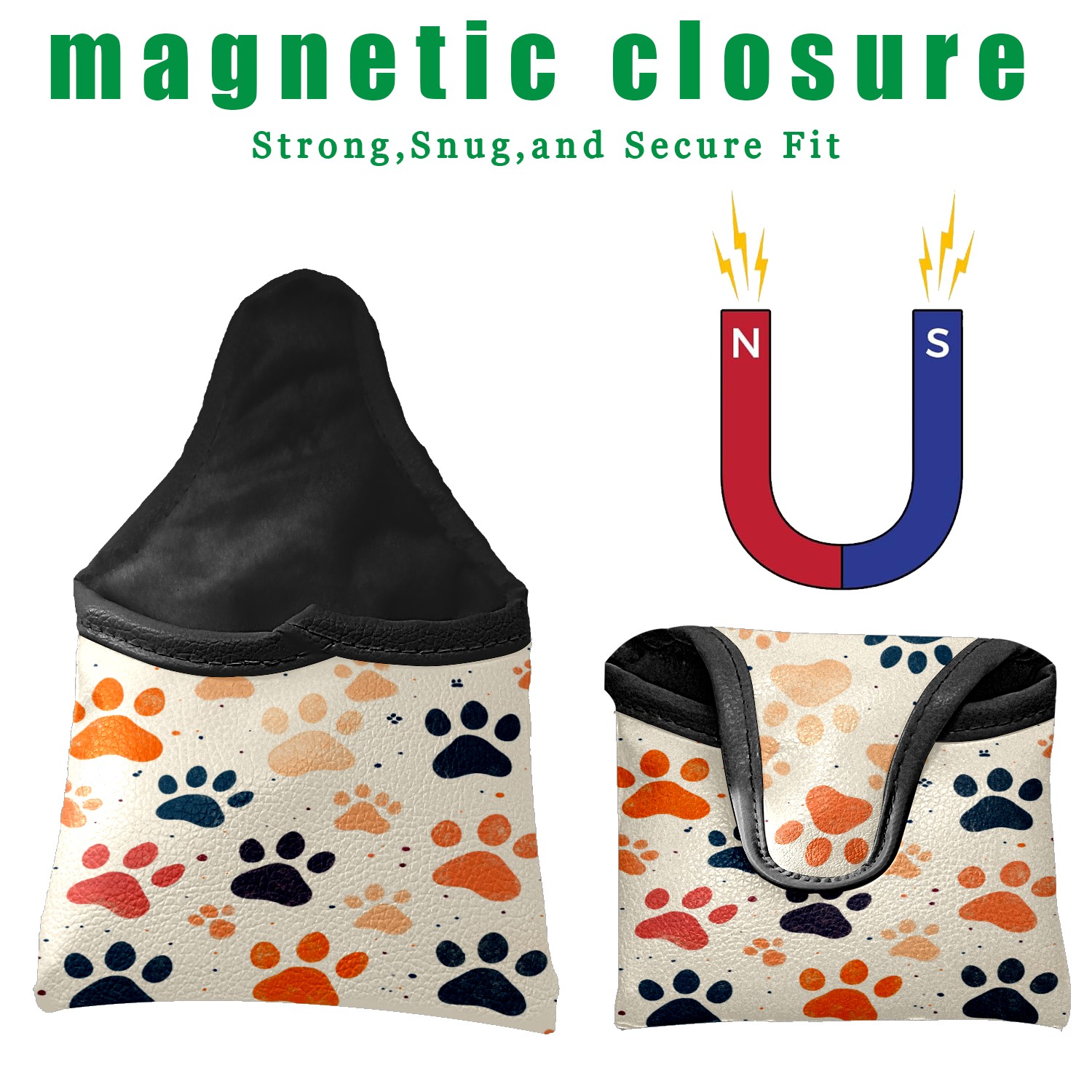 Golf Mallet Putter Cover Premium Leather Waterproof Golf Putter Head Cover with Magnetic Closure Colorful Animal Paw Prints