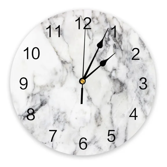 Marble Texture White Clock Living Room Home Decor Large Round Wall Clock Mute Quartz Table Clock Bedroom Decoration Wall Watch（10 Inch）