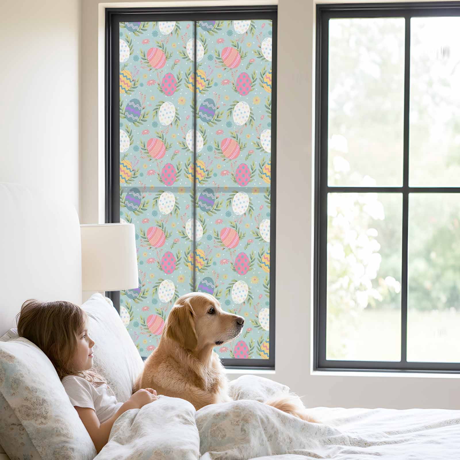 Easter Eggs Window Privacy Film, Spring Pink Blue Yellow White Eggs Blue Green Frosted Glass Window Clings Static Cling UV Heat Blocking Reusable Door Sticker for Bathroom 23.6 x 59 Inch
