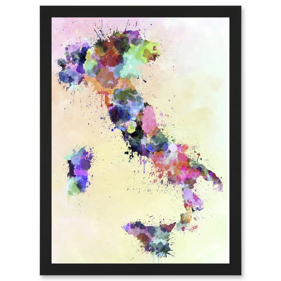 Map Painting Italy Sardinia Sicily Paint Splash Colour A4 Artwork Framed Wall Art Print