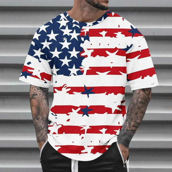 cllios 4th of July Shirts for Men Big and Tall Patriotic Red White and Blue Graphic Tees Regular Fit Round Neck Top Vintage Short Sleeve T Shirt