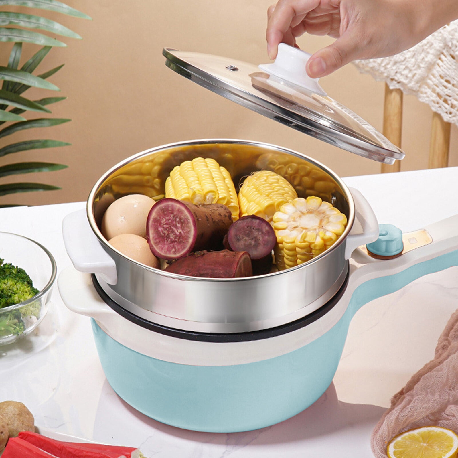 1.8L Non-Stick Electric Hot Pot with Steamer, Ramen Cooker with Dual Power Control Mini Hot Pot for Pasta, Dumplings, Soup, Steak, (Rotary Switch) Blue