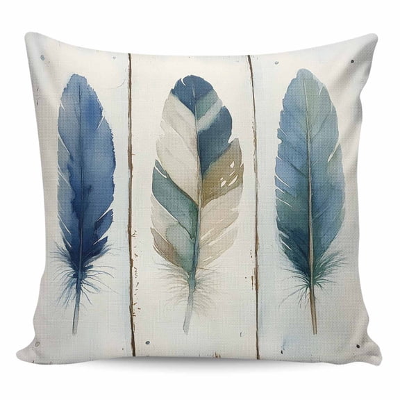 Throw Pillow Covers 16x16 Inch, Boho Blue Feathers Decorative Pillow Cases for Couch Sofa Bed, Farmhouse Vintage Wooden Grain Cotton Linen Square Home Decor Pillowcases with Hidden Zipper
