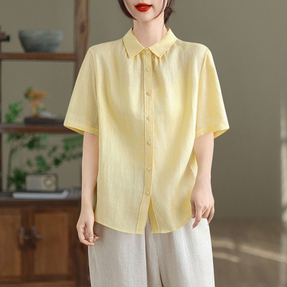 BUIGTTKLOP Cotton Linen Button down Shirts for Women Short Sleeve Shirts Collared Summer Beach Tops