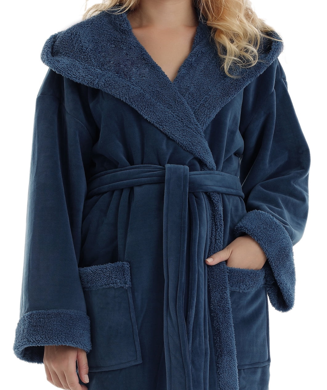 Arus Women's Hooded Sherpa Robe Soft Plush Fleece Bathrobe, Mallard