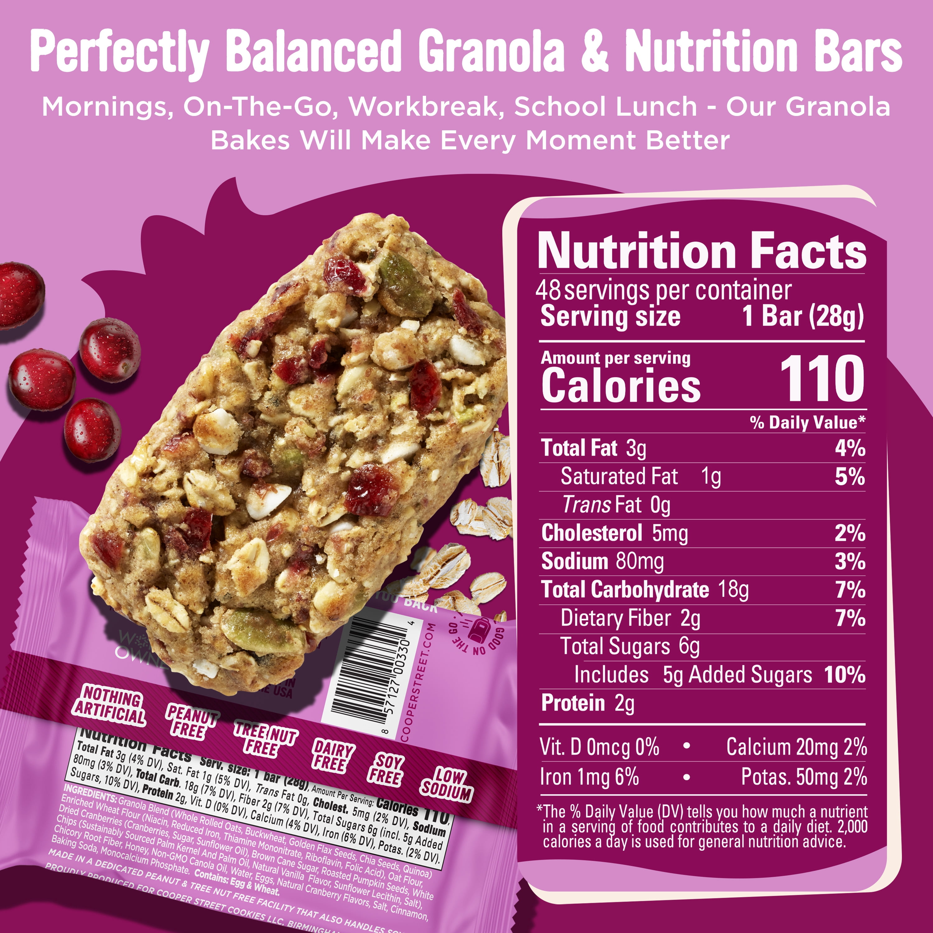Cooper Street Granola Bakes Oatmeal Cranberry - Soft Breakfast Granola Bars Bulk - Nut, Soy & Dairy Free - 110 Cal - 48ct