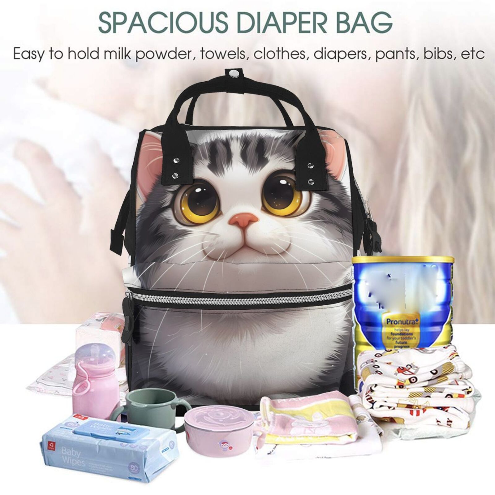 Fuzoiu Cute Cartoon Kitten Print Diaper Bag Backpack,Baby Essentials Travel Tote,Multi function Waterproof Diaper Bag, Travel Essentials Baby Bag - Unisex