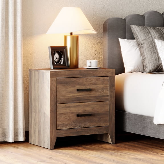 Farmhouse Rustic Wooden Nightstand With 2 Smooth‑Glide Storage Drawers,Solid‑Base Bedside End Table,Multi‑Purpose Accent Side Cabinet For Bedroom,Living‑Room,Brown