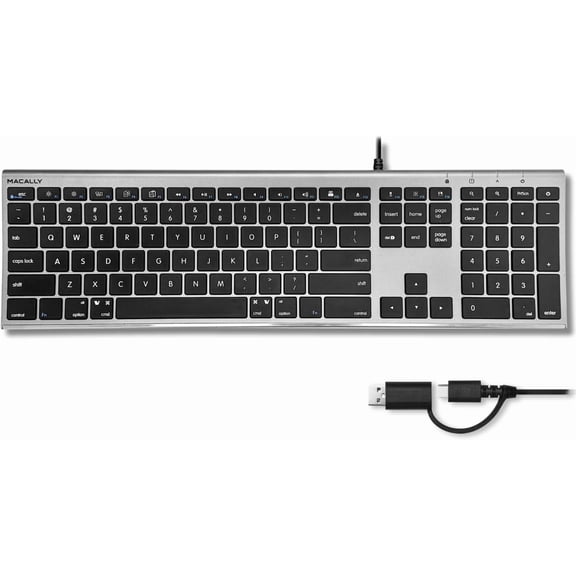 Macally USB C Keyboard (Upgraded) - Dual USB A C Plug - Wired Keyboard for Mac - Ultra Slim, 20 Shortcuts, 110 Scissor Keys