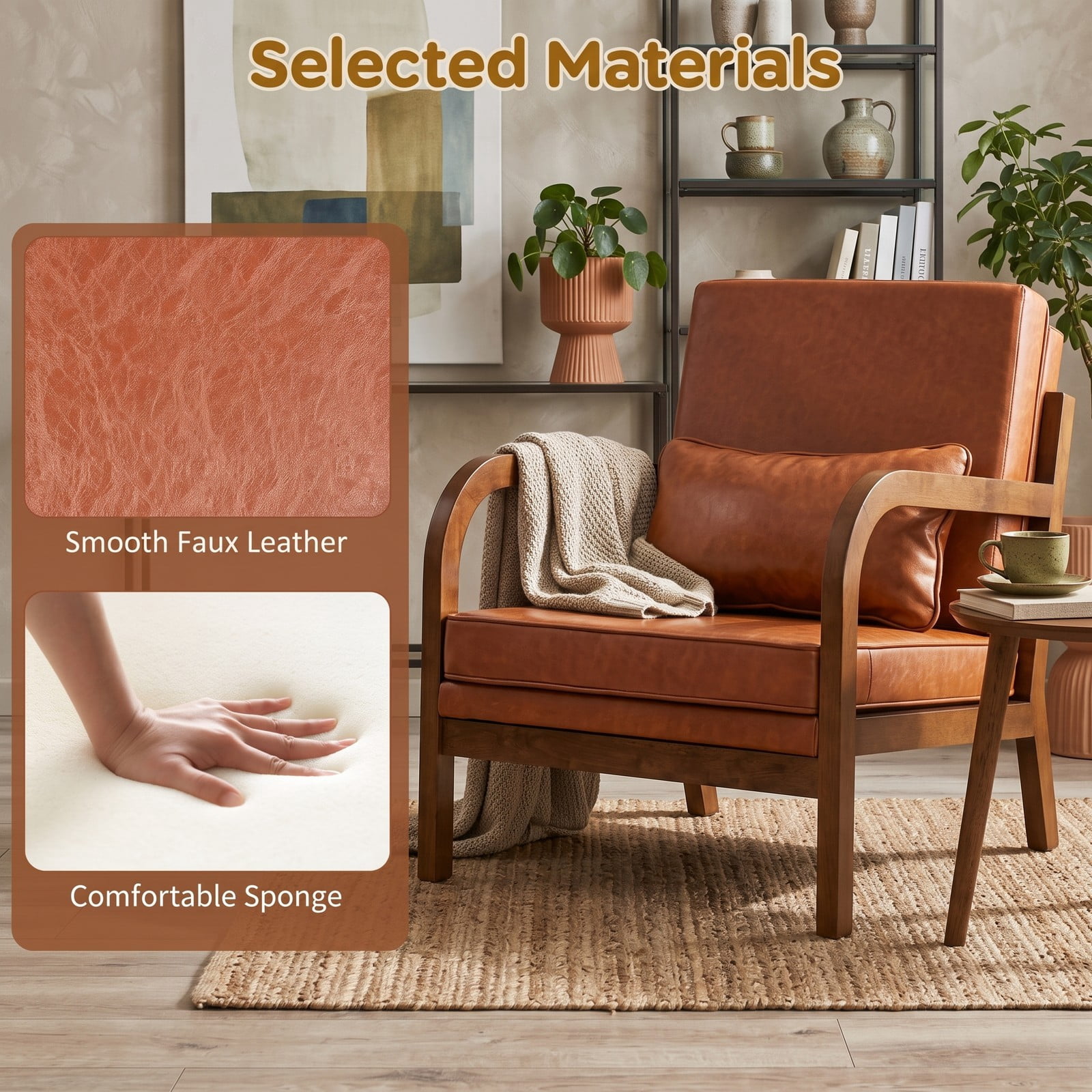 Furnibear Modern Accent Chair, Faux Leather Linen Fabric Upholstered Armchair with Removable Lumbar Pillow, Rubber Wood Frame Single Sofa Chair for Living Room, Brown