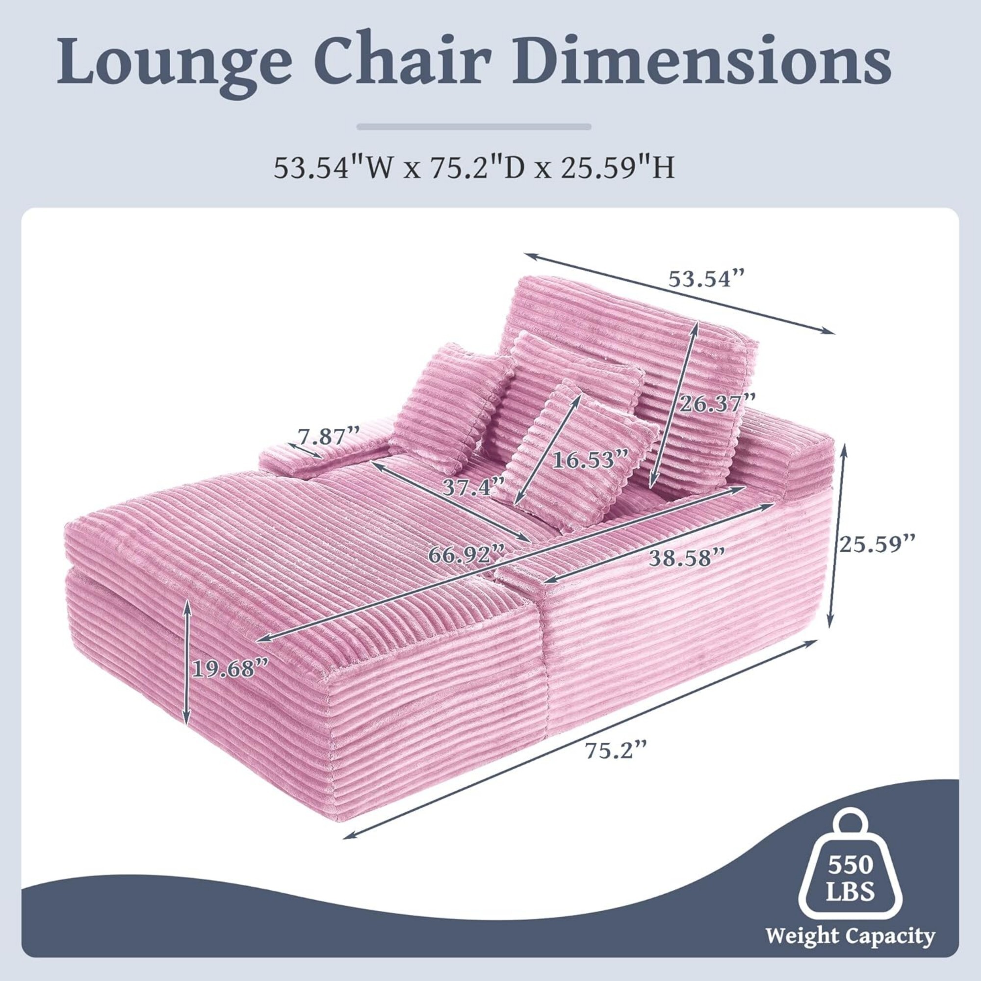 DEALTOPS Oversized Corduroy Chaise Lounge Sofa, 75.2" Upholstered Couch with Pillows for Living Room & Bedroom, Pink