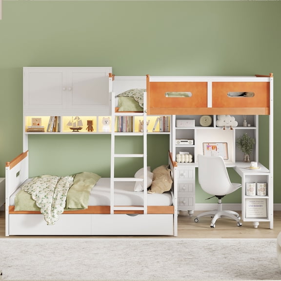 Twin Over Full Bunk Bed with Desk, Solid Wood Loft Bed with Storage Shelves and Drawers, Stairway Bunk Beds with LED Light, for Kids Teens Adults, White
