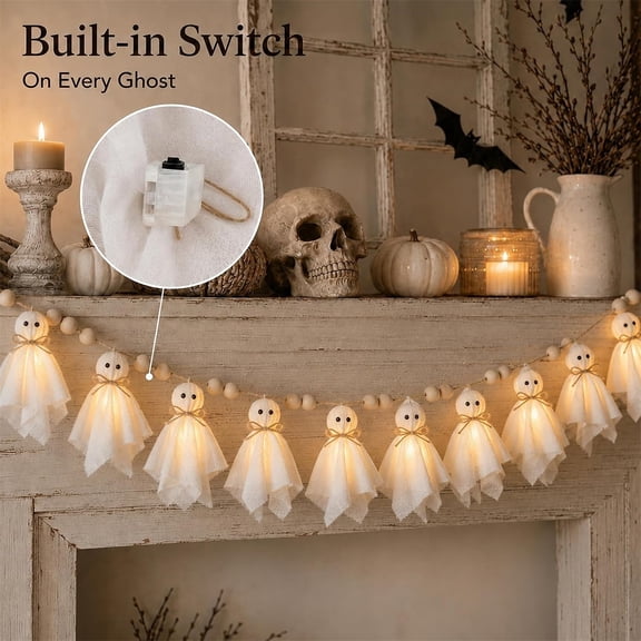 Halloween Ghost Garland , 6.56ft White Ghost Halloween Party Banner with Wood Beads for Home Wall Mantel Doorways Front Decor
