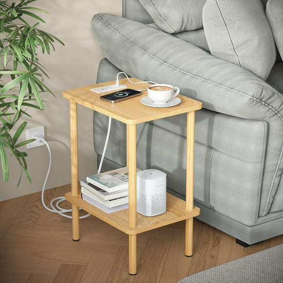 Mesa auxiliar Apicizon de 2 niveles, natural, con puertos de carga USB