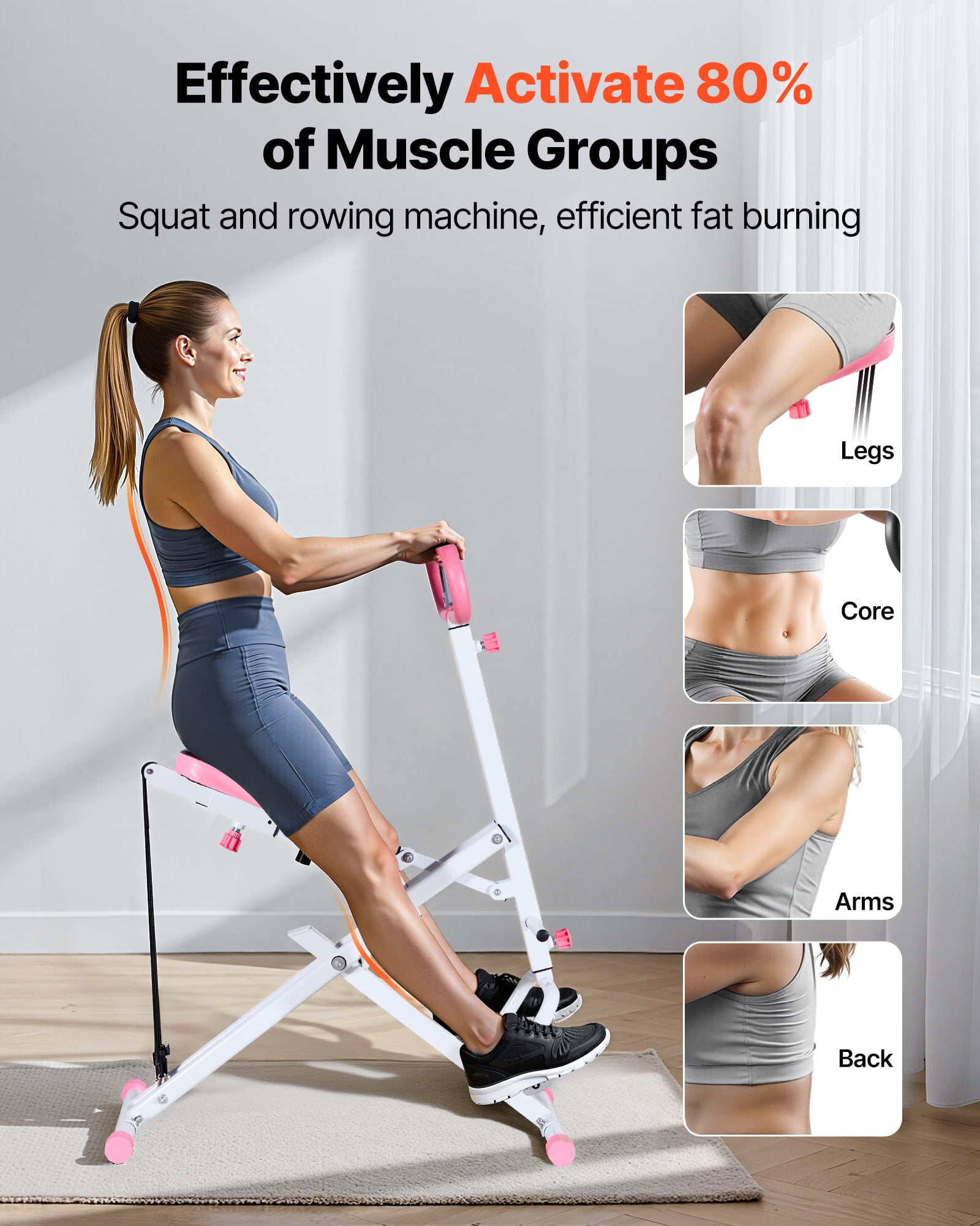 VEVOR Squat Machine, Deep Squat Rowing Machine for Home, Easy Setup & Foldable Exercise Equipment, Glute Trainer Machine with 3 High-Strength Resistance Bands, Glutes & Leg Home Workout Machine,White