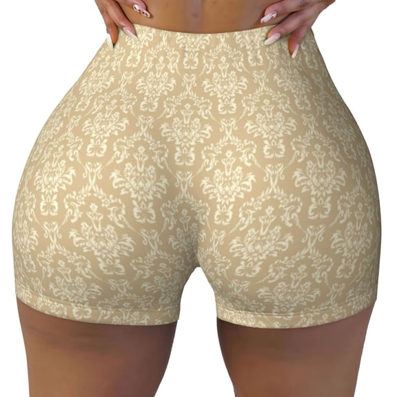 Seamless Workout Shorts Women - Damask Beige Tan Brown Biker Gym Running Yoga Spandex Shorts for Women