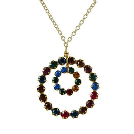 Multi Gemstone Circle Pendant - Dlux Jewels 16 x 2 Gold Plated Brass & 11 mm Open Round Circle 19.5 mm Round Open Circle with Dark Multi Color Crystals Necklace
