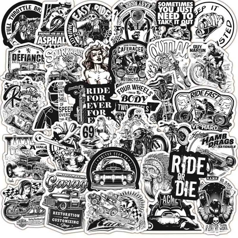 50Pcs Black White Vinyl Skateboard Stickers Bomb Luggage Laptop Car Decals Pack 