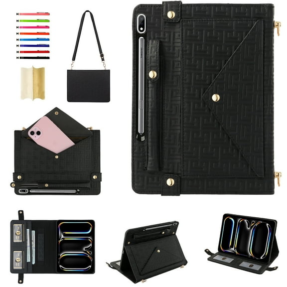 Handbag Case for Samsung Galaxy Tab S9/S9 FE/S8, Flip Folio Stand Crossbody Wallet Case with S Pen Holder & Card Slots Pocket, Hand Strap & Shoulder Strap Protective Cover,Black