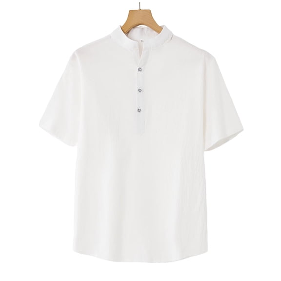 Men's Stand Collar Tops Linen Short Sleeve Casual Half-Button Tee Summer Fashion Breathable T-Shirt,4XL