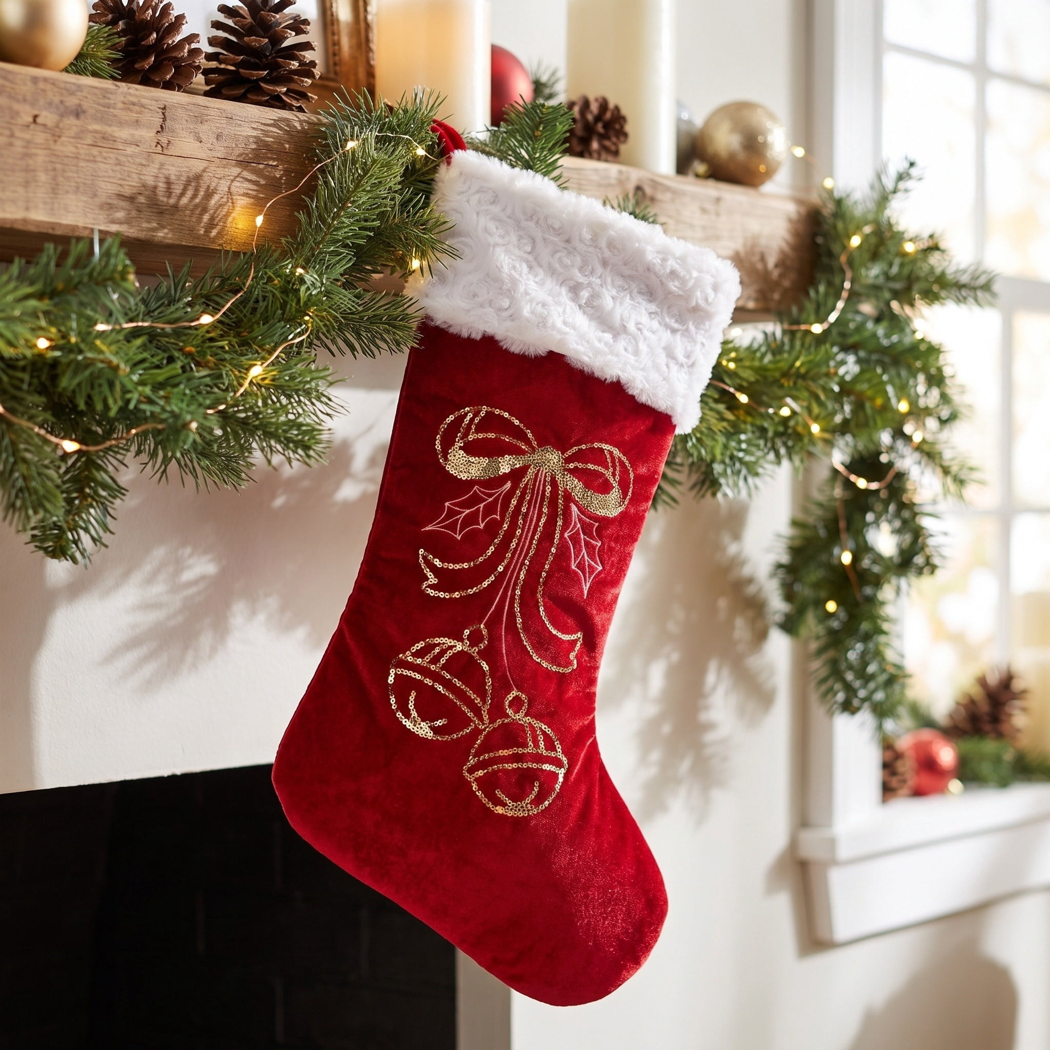 Velvet Jingle Bells Christmas Stocking, Burgundy, 18", by Holiday Time