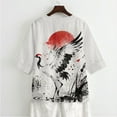 thumbnail image 5 of Xoenoiee Grus japonensis Sunset Print Womens Cotton Linen Button Down Shirts Loose Fit 3/4 Sleeve Blouse Casual V Neck Tops Outfits, XL, 5 of 7