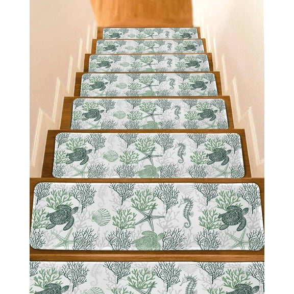 Sage Green Coastal Stair Treads for Wooden Steps Indoor Runner Rug Carpet, Sea Turtle Nautical Coral Summer Beach 7 Pieces Peel and Stick Staircase Step Treads Covers Washable Throw Door Mats, 30"x8"