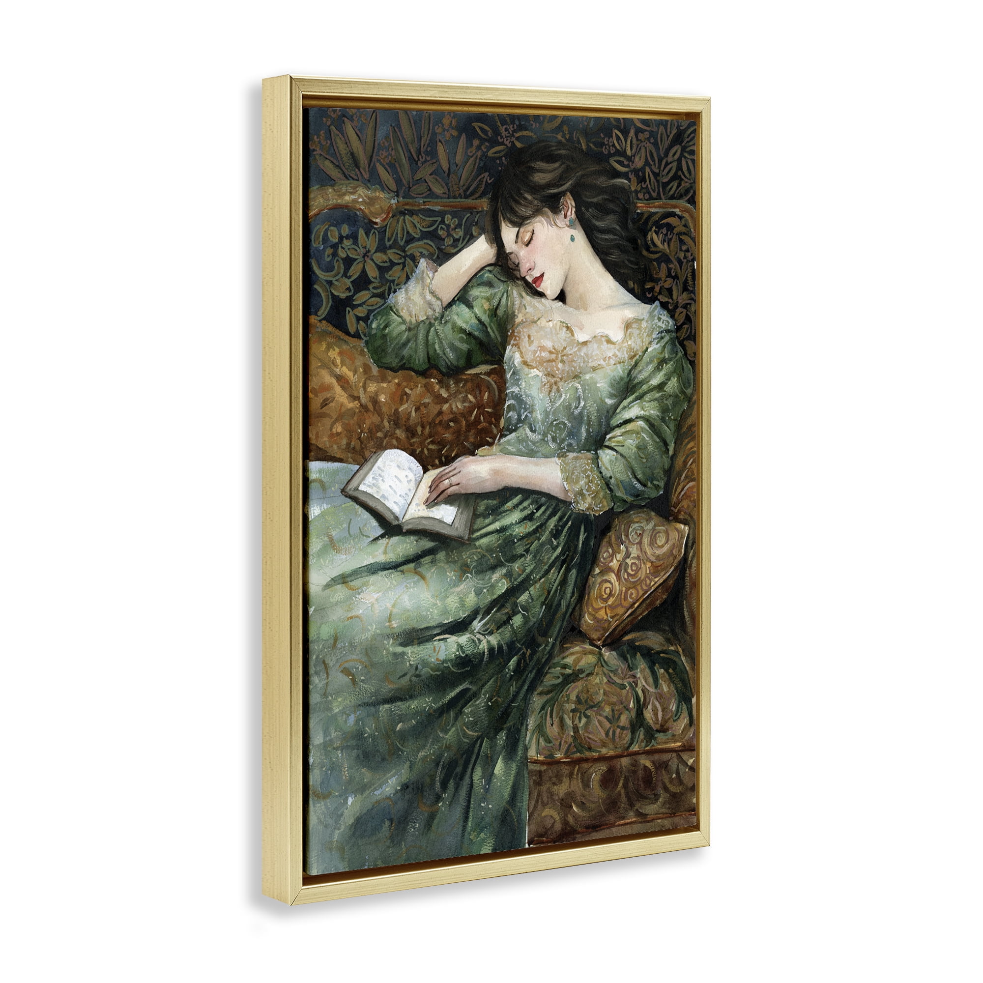 Stupell Industries Woman in Ornate Gown People Painting Gold Floater Framed Canvas Art Print Wall Art, 17 x 25