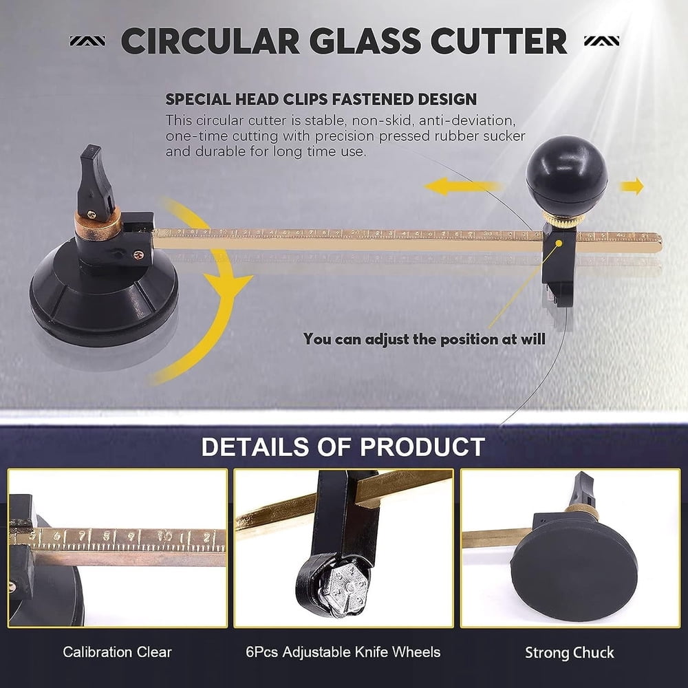 80cm Circular Glass Cutter with 6 Wheels and Suction Cup for Precise Circle Cutting
