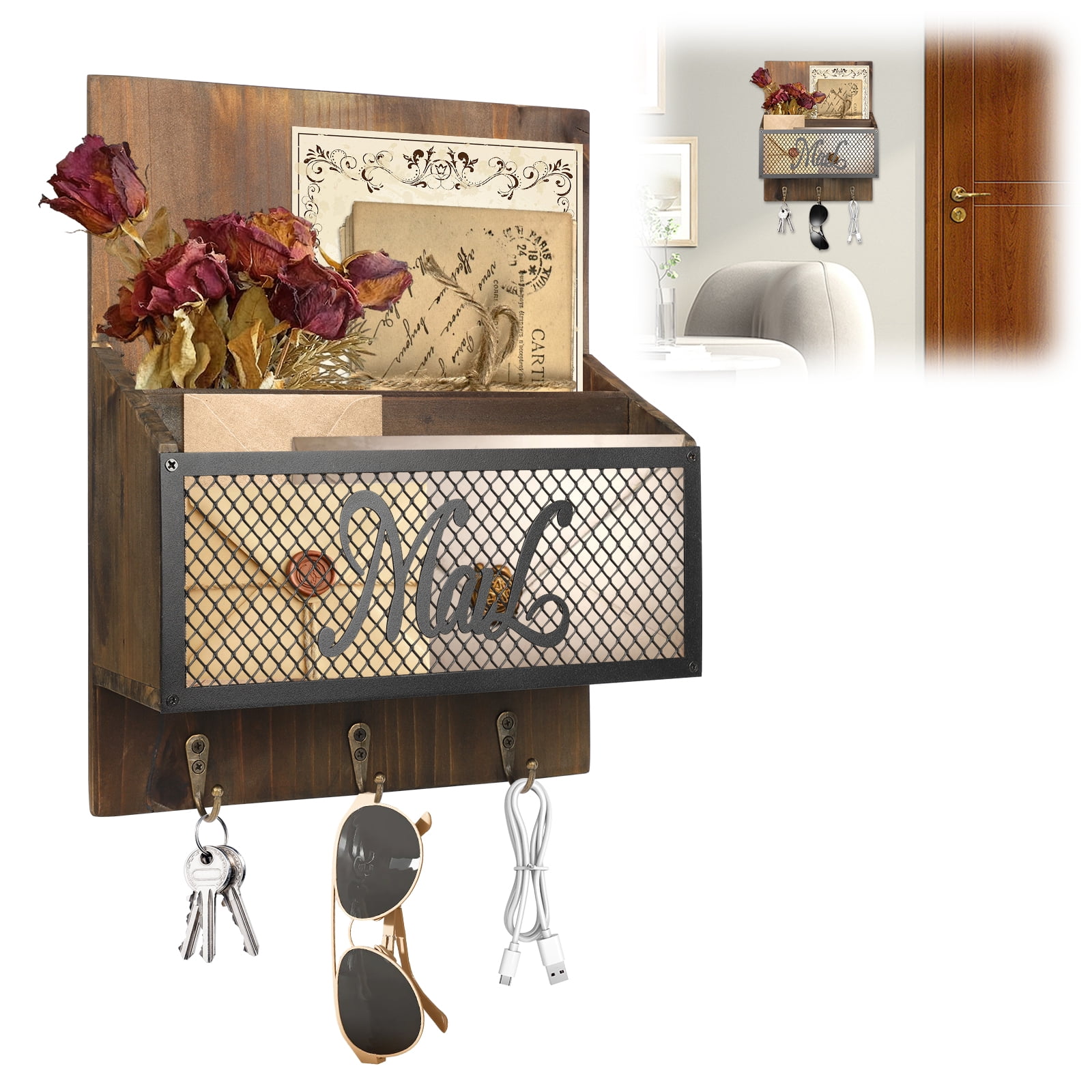 Dongyi Rustic Farmhouse Mail Organizer Wall Mounted - Wooden Mail Sorter with 3 Hooks for Letters, Keys & Magazines, Brown Entryway Decor with Newspaper Slot