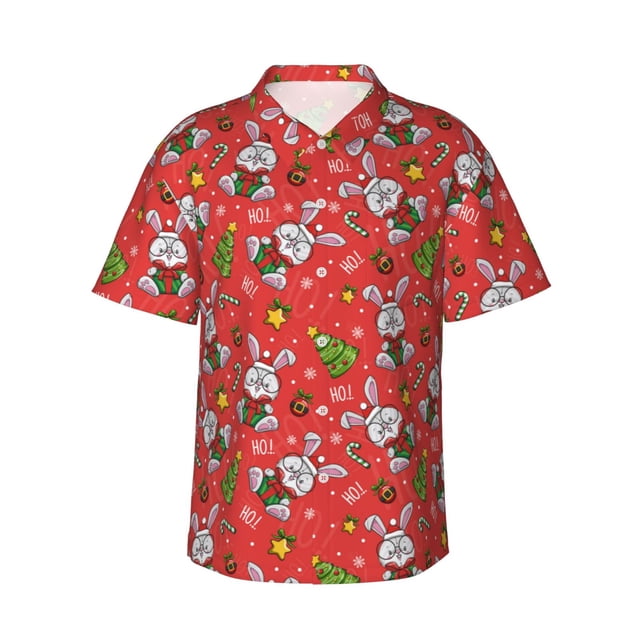 Fotbe Cute Christmas Bunny Camisa Hawaiana para Hombre Unisex – Camisa Casual de Verano con Botones de Manga Corta de Algodón y Lino,3X-Large