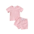 thumbnail image 1 of Xingqing Summer Newborn Infant Baby Boy Girl Ribbed Short Sleeve T-Shirt Top + Drawstring Shorts Outfits Pink 0-3 Months, 1 of 9