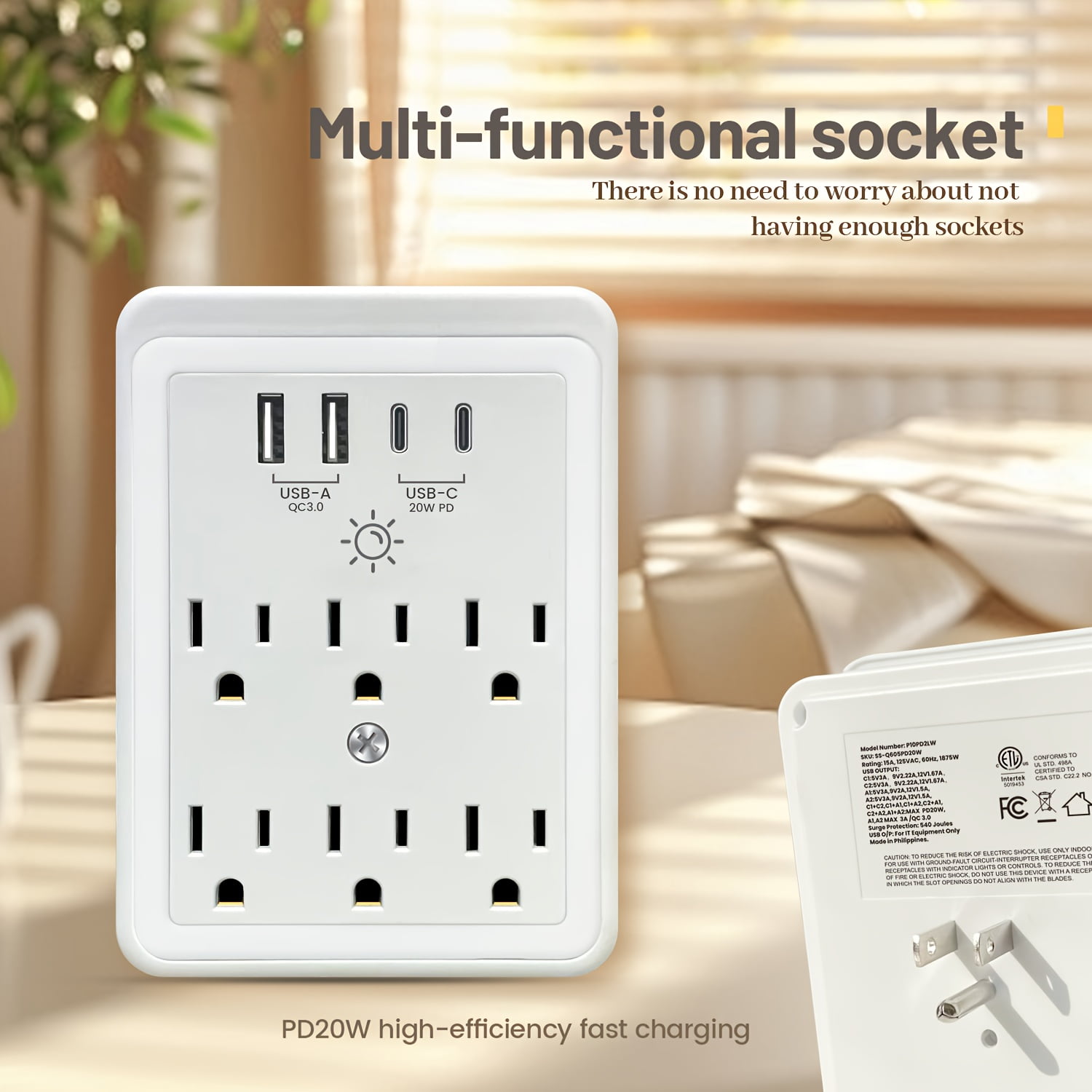 10-in-1 Power Strip: 6 AC Outlets, 4 USB Ports (2 USB-C, 2 USB-A) with PD20W Fast Charging, Surge Protector, Night Light & Phone Holder, Wall Mountable for Home, Bedroom, Kitchen