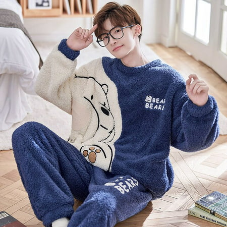 

DanceeMangoo FUNISHI Winter Pajamas Loose Version Pajama Set Inspissate Flannel Pullover Sleepwear Cartoon Mens pijama Plus Size 4XL