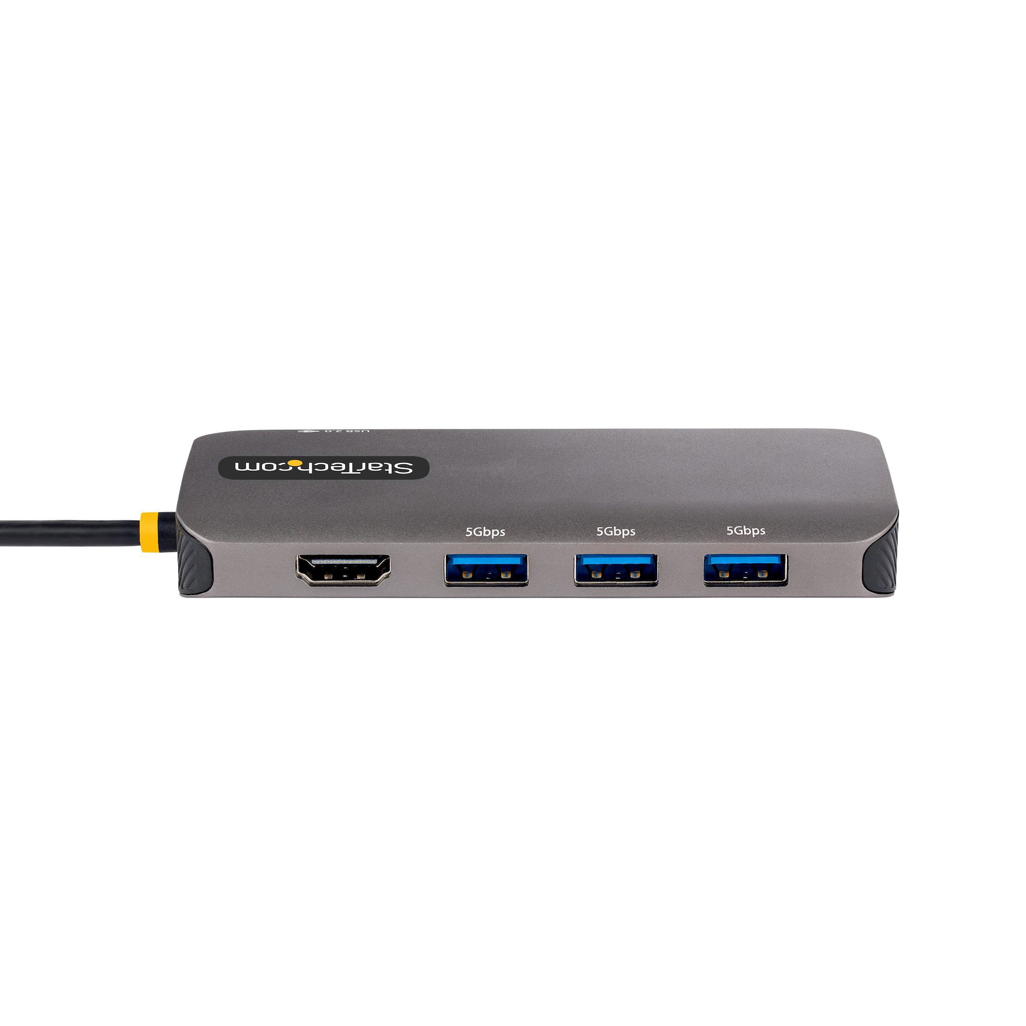 StarTech.com USB C Multiport Adapter, 4K 60Hz HDMI Video, 3 Port 5Gbps USB Hub, 100W Power Delivery Pass-Through, GbE, 12"/30cm Cable, Mini Travel Dock, Laptop Docking Station, Space Gray