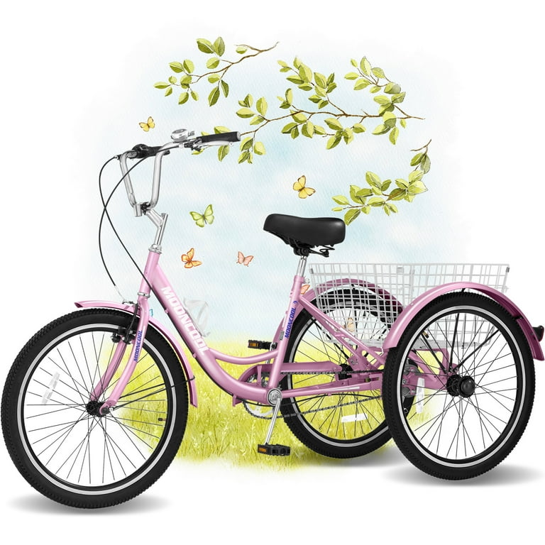 Lilypelle 24in Adult Tricycle 1 Speed 3 Wheel Bicycles with Baskets Adult Trike 350 Weight Capacity for Senior Woman Man Pink